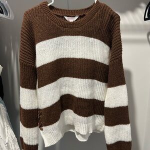 No Boundaries Brown and White Striped Crew Neck Sweater